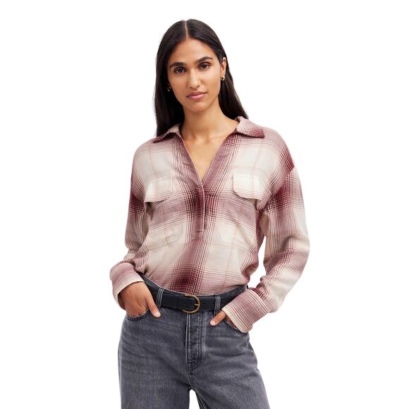 Madewell Plaid Flannel Popover Shirt Small NWT Cabernet Dip Dye Ombre - Picture 1 of 8
